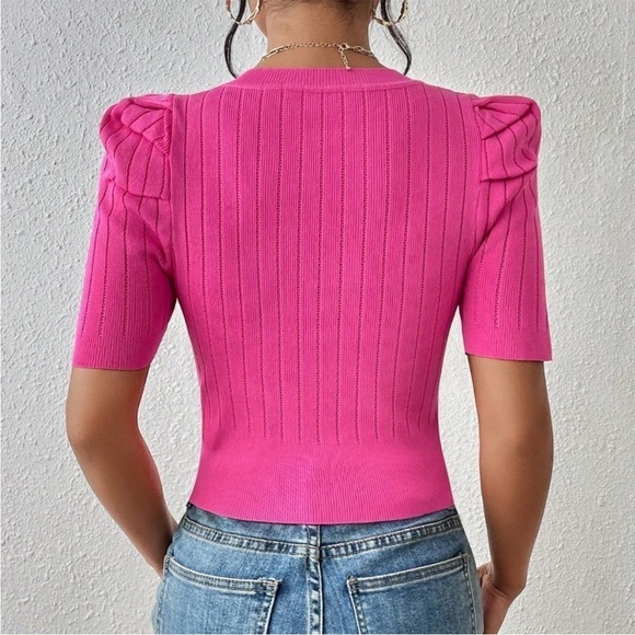 None Tops - Pink Ribbed Fitted Short Sleeve Blouse